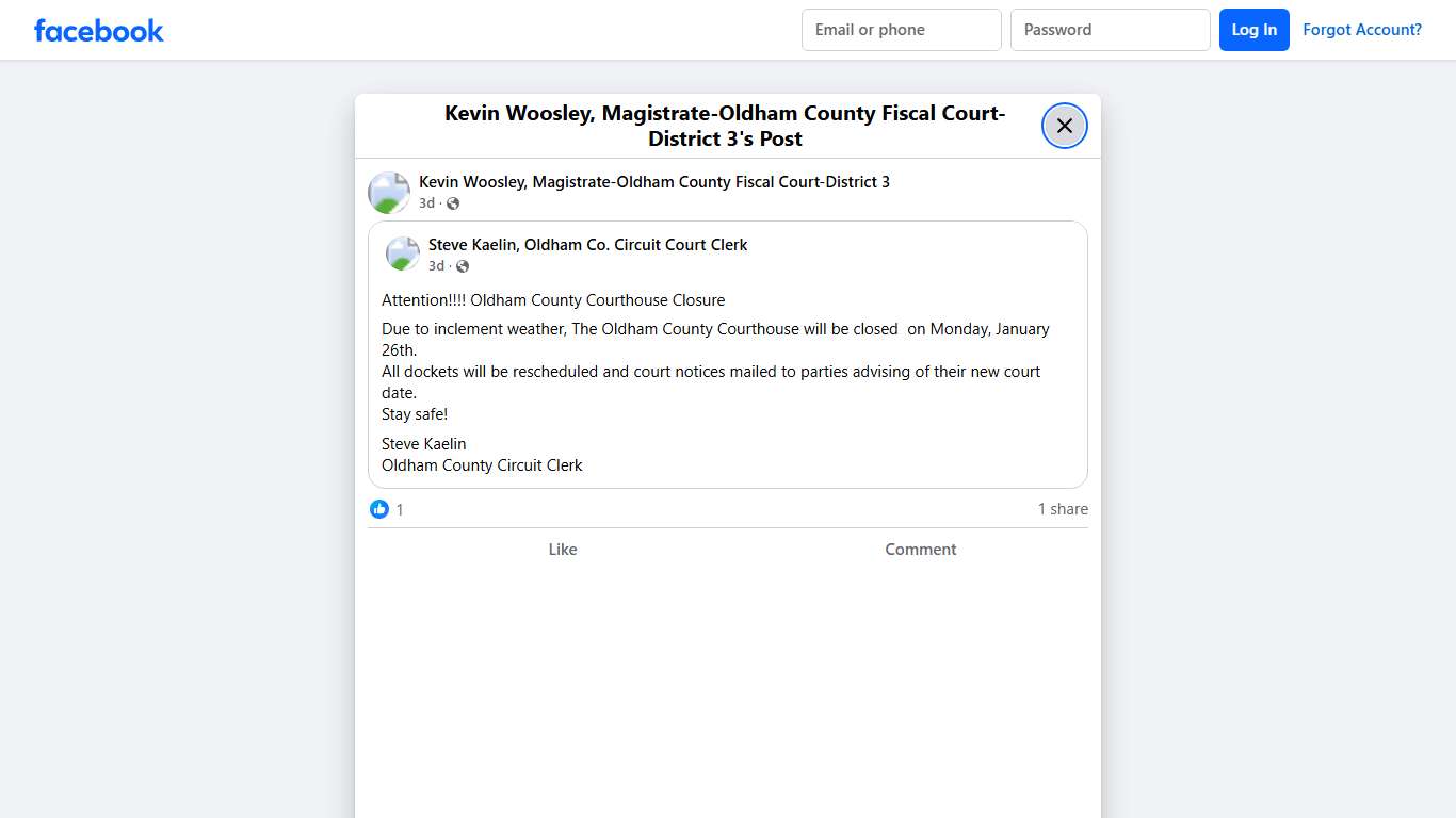 Kevin Woosley, Magistrate-Oldham County Fiscal Court-District 3 Facebook